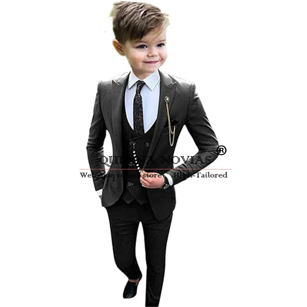 

Black Boys Tuxedos Peak Lapel Formal Suit Blazer Vest Pants 3 Pieces Set Children Suit For Wedding Custom Made Kids Party Blazer