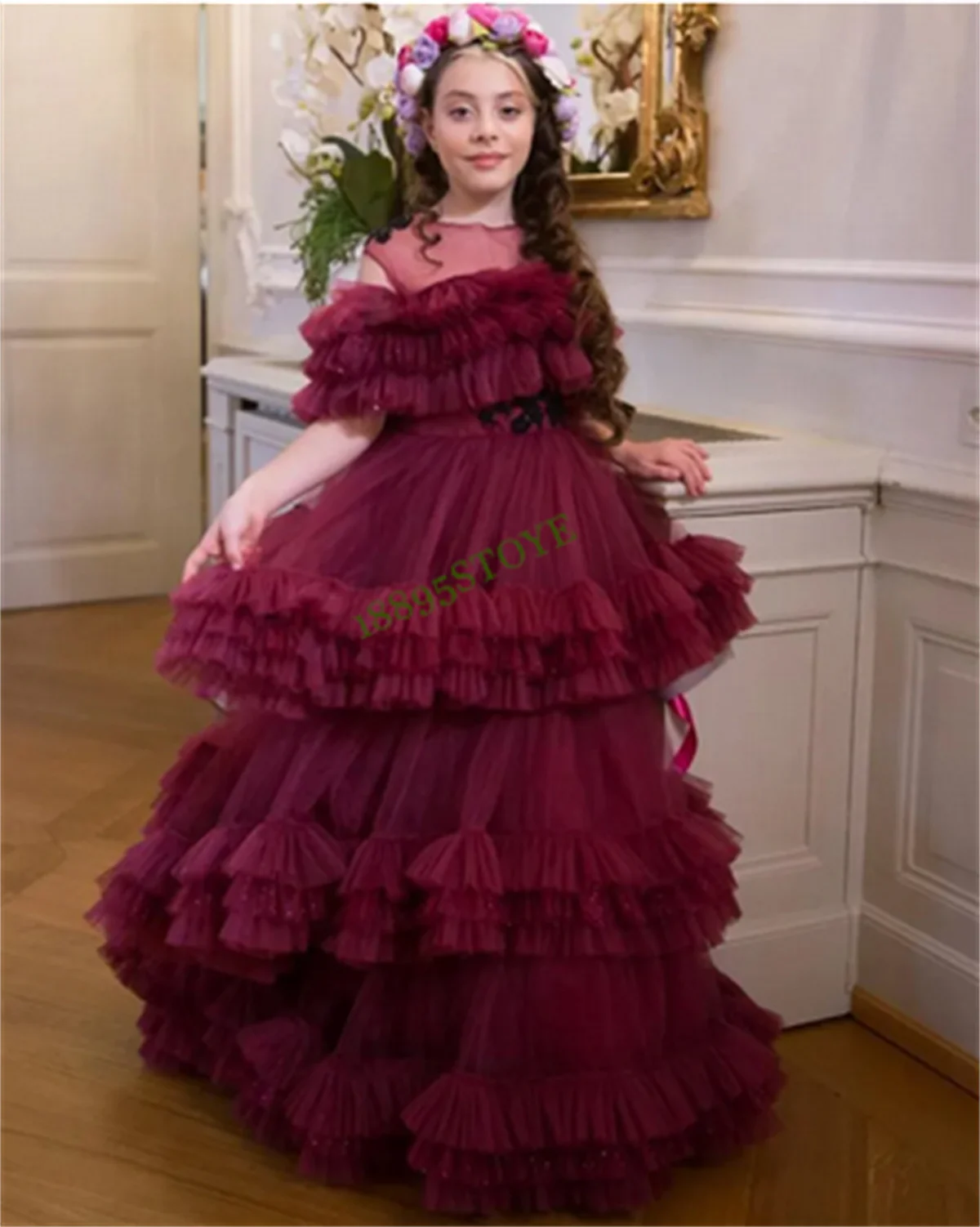 

Burgundy Tulle Girls Dresses Sheer Neck Tiered Tulle Fluffy Pageant Gown Birthday Dress Wedding Guest Special Occasion Dress
