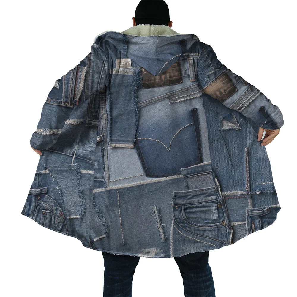 

HX Winter Cape Blue Old Denim Splicing 3D Printed Hooded Fake Jeans Cloak for Men Windproof Fleece Hoodie Blanket Mens Coats