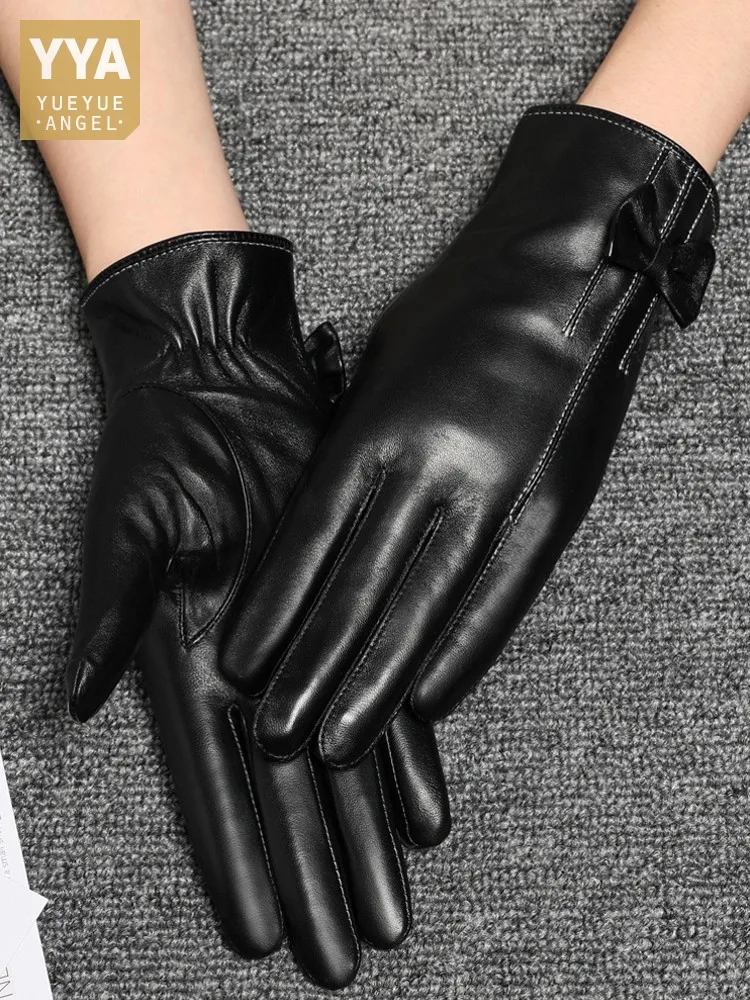 

Women Winter Thick Warm Fleece Lining Sheepskin Genuine Leather Gloves Bowknot Elegant Ladies Driving Gloves Touch Screen Black