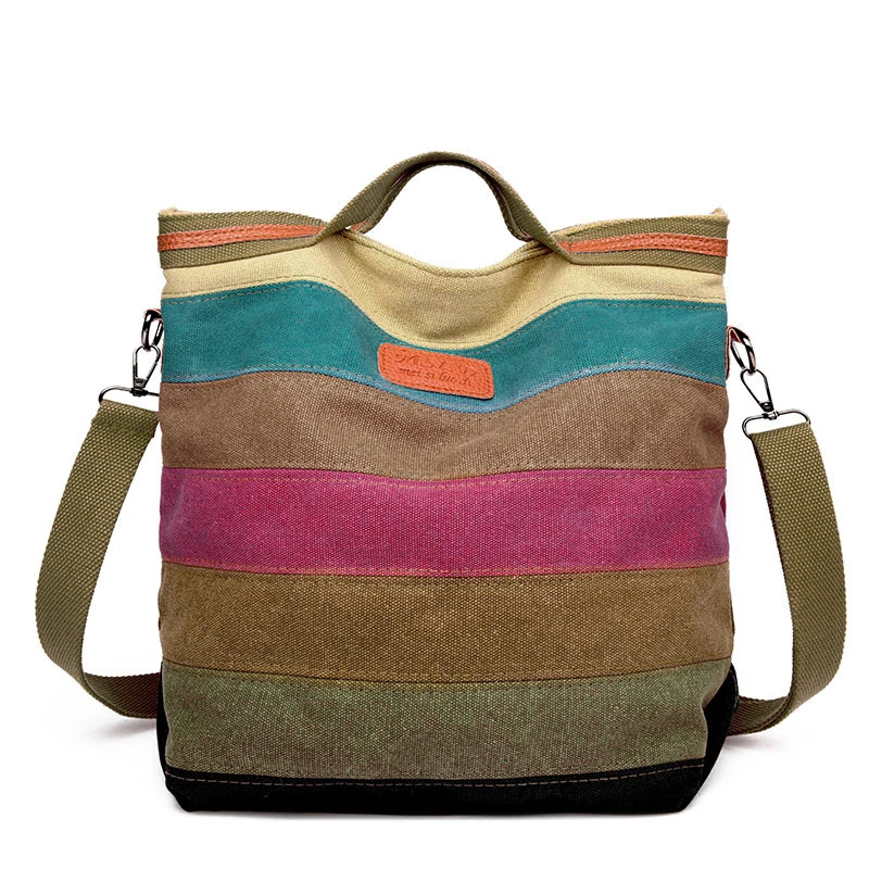 

Hot Sell Women's Large Capacity Canvas Handbags Fashion Female Shoulder Bag New Rainbow Stripes Patchwork Crossbody Bag