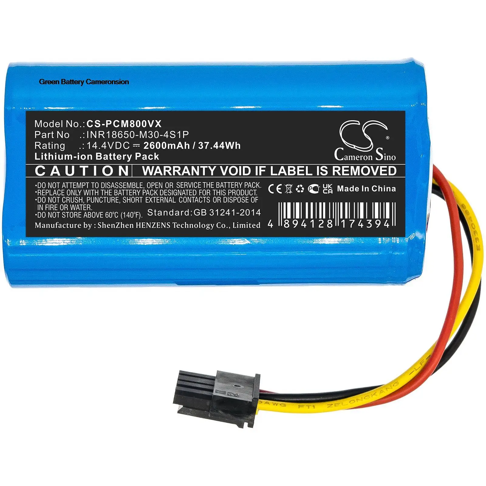 CameronSino GreenBattery 2600mAh Vacuum 37.44Wh 14.4V Li-ion Battery for Proscenic M8, M8 Pro,INR18650-M30-4S1P,T-4S1P-B-U2
CameronSino GreenBattery 2600mAh Vacuum 37.44Wh 14.4V Li-ion Battery for Proscenic M8, M8 Pro,INR18650-M30-4S1P,T-4S1P-B-U2