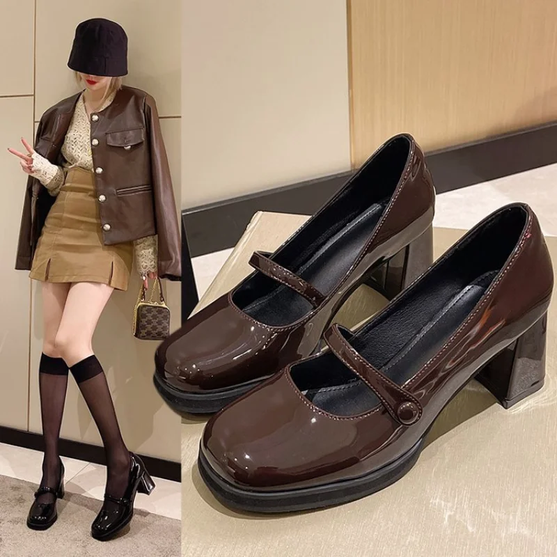 

Женские туфли с круглым носком, туфли-лодочки из искусственной кожи на толстом высоком каблуке, винтажные лоферы, 2024