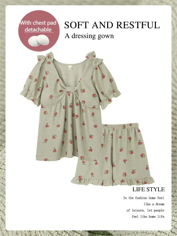 Fashion Waffle Green Short Sleeved Women's Home Wear Summer New Bow V-Neck Printed Ruffles Shorts Girls Sleepwear For Sleeping
Fashion Waffle Green Short Sleeved Women's Home Wear Summer New Bow V-Neck Printed Ruffles Shorts Girls Sleepwear For Sleeping