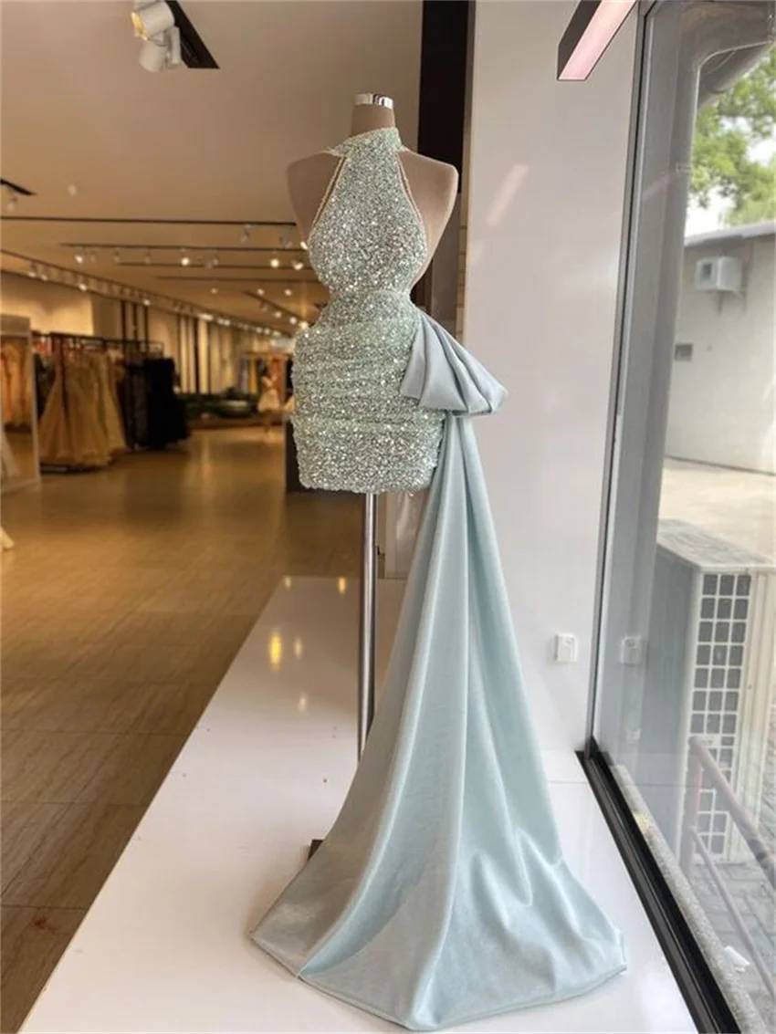 

Light Green Homecoming Dresses 2023 Cute Halter Neck Sexy Sequined Sheath Party Vintage Knee-length Elegant Sleeveless Gowns