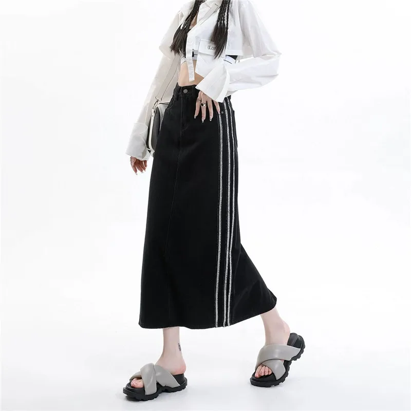 

Vintage Slit Denim Skirt Women's Clothing High Waist Side Stripes A-Line Long Skirt Four Season Y2K Style Faldas Para Mujeres