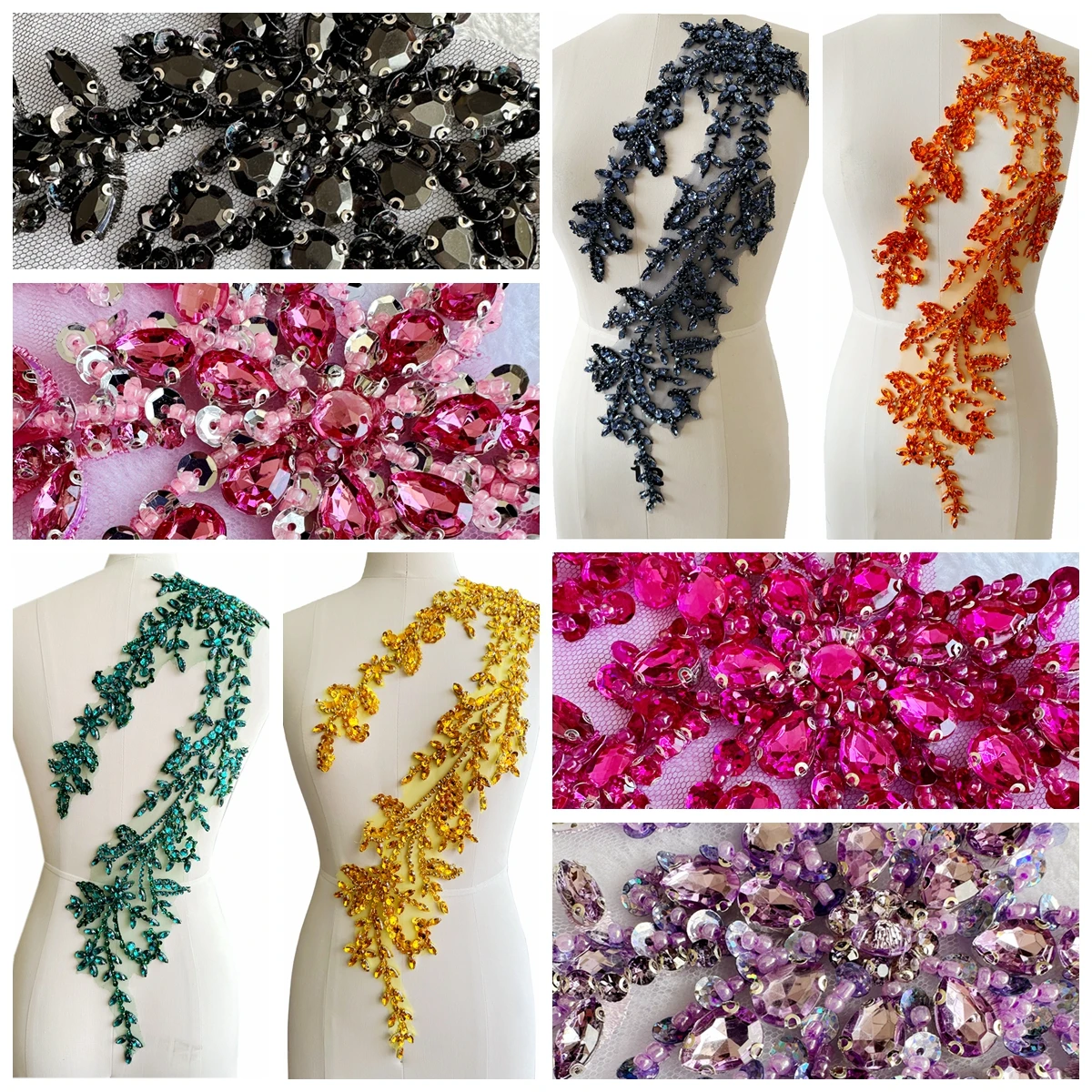 

Handmade Shining Acrylic Rhinestones on lace Applique Sewing Beads Stones Trim Patches Accessories for Wedding Dress