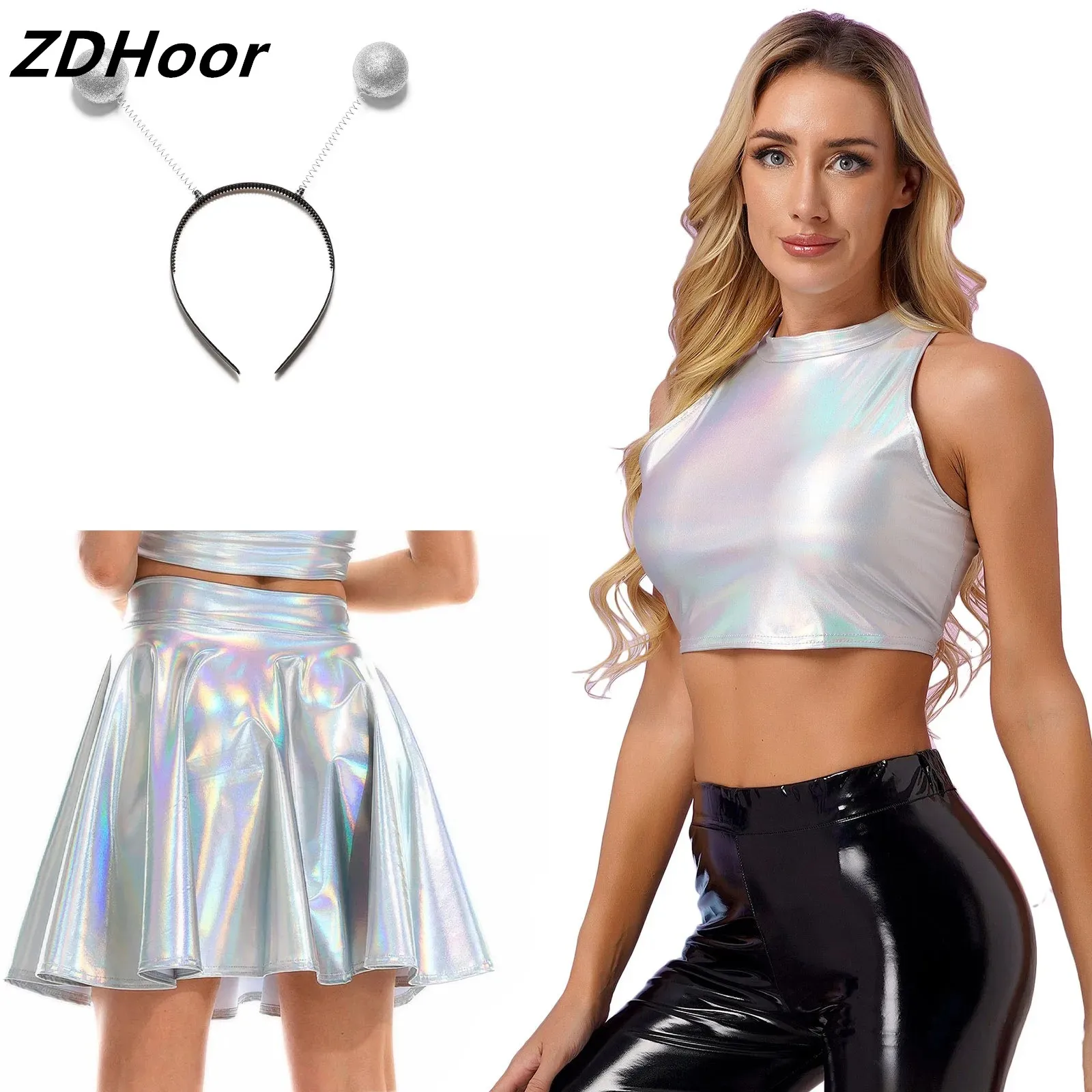 

Womens Alien Role Play Costume Outfit Shiny Metallic Mock Neck Crop Top with High Waist Flare Skirt And Hair Hoop Headband