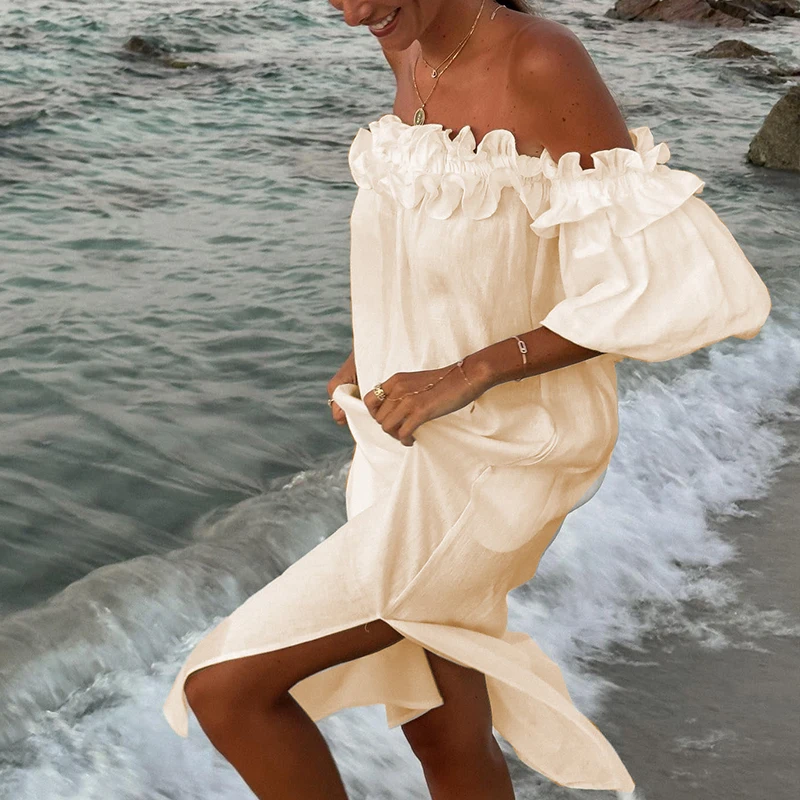 

Women Casual Solid Slit Long Dress Hawaii Solid Sweet Ruffles One Shoulder Vocation Dress Summer Short Sleeve Cotton Line Dress