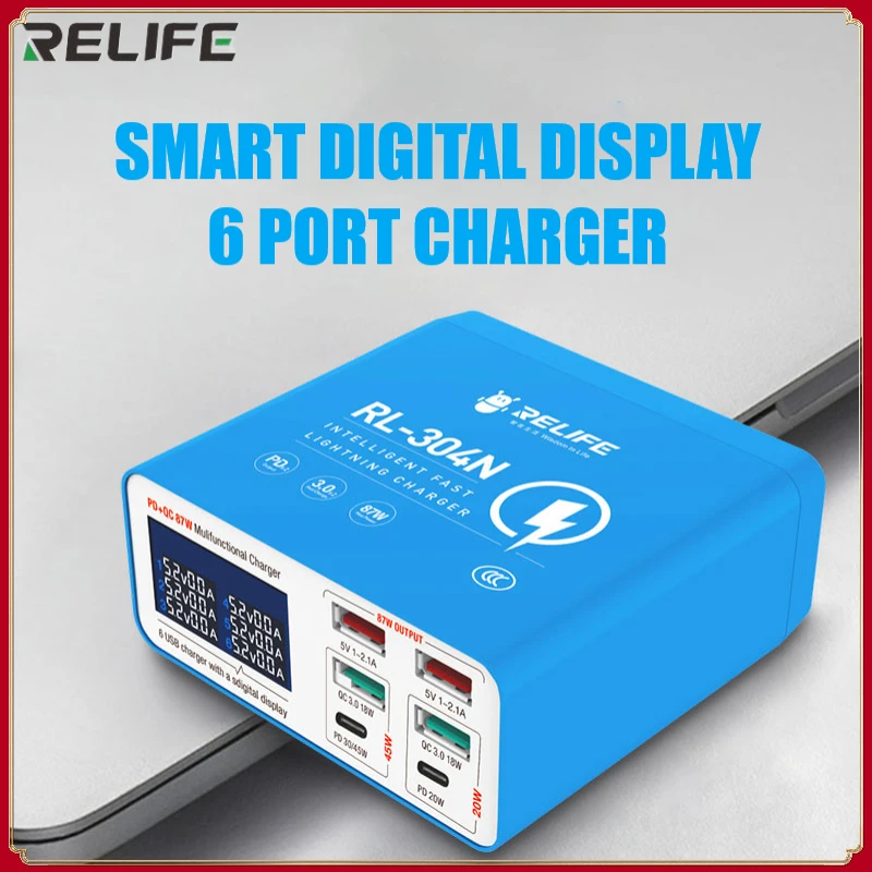 RELIFE RL-304N Smart Digital Display USB 6 Port Charger PD+QC 3.0 Fast Charging For All Mobile Phone And Tablet Charging Support
RELIFE RL-304N Smart Digital Display USB 6 Port Charger PD+QC 3.0 Fast Charging For All Mobile Phone And Tablet Charging Support