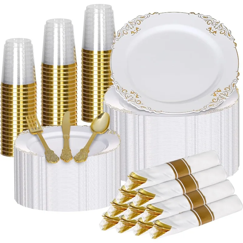

350 PCS White and Plastic Plates Vintage Design - Includes 50 Dinner Plates, Dessert Plates, Napkins, Cups & Silverware