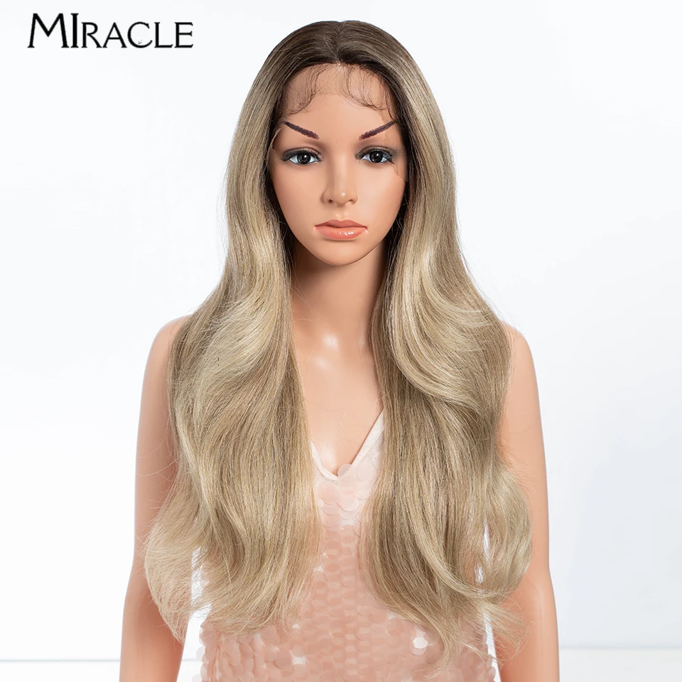 

MIRACLE Synthetic Lace Front Wig 24'' Natural Wavy Cosplay Wig Black Ombre Blonde Wigs for Women Heat Resistant Lace Frontal Wig