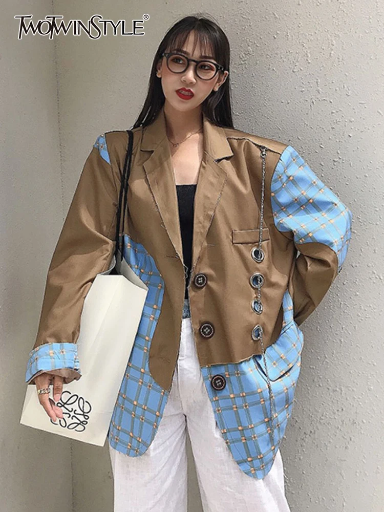 TWOTWINSTYLE Casual Patchwork Plaid Blazers For Women Notched Long Sleeve Print Hit Color Blazer Female Fashion Clothes New 2022
TWOTWINSTYLE Casual Patchwork Plaid Blazers For Women Notched Long Sleeve Print Hit Color Blazer Female Fashion Clothes New 2022