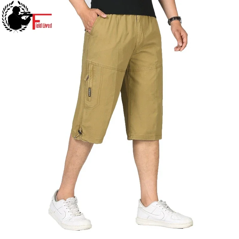 

Summer Men's Baggy Multi Pocket Military Zipper Cargo Short Hot Breeches Long Army Green Khaki Bermuda Male Capris Plus Big Size