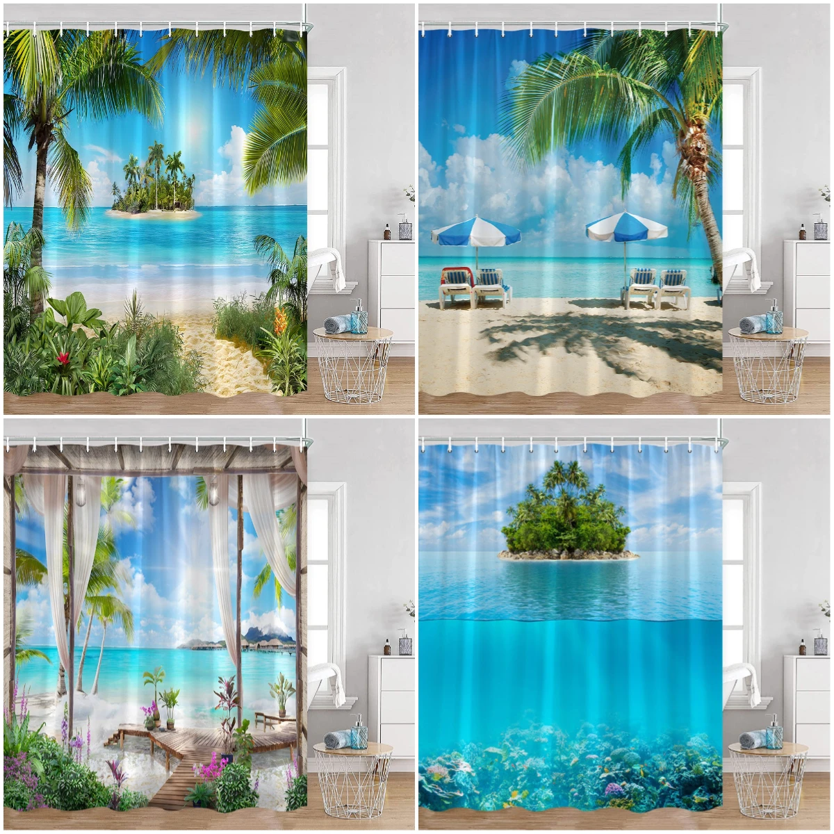 

Beach Shower Curtain Seaside View Coconut Trees Summer Vacation Bathroom Curtain Polyester Fabric Home Decortaion for Bath
