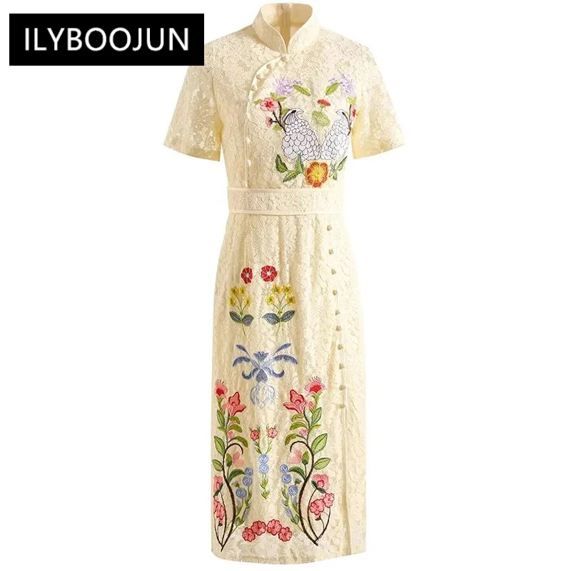 Spring Summer Lace Pencil Dress Women Stand Collar Short Sleeve Floral Embroidery Vintage Dresses
Spring Summer Lace Pencil Dress Women Stand Collar Short Sleeve Floral Embroidery Vintage Dresses