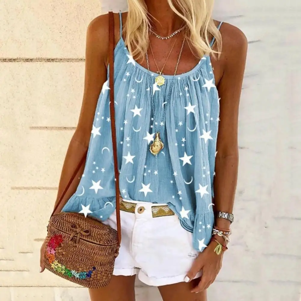 

Star Moon Print Spaghetti Strap Blouse U-neck Sleeveless Summer Vest Camisole for Holiday Women Camisole T-shirt Blusas Crop Top