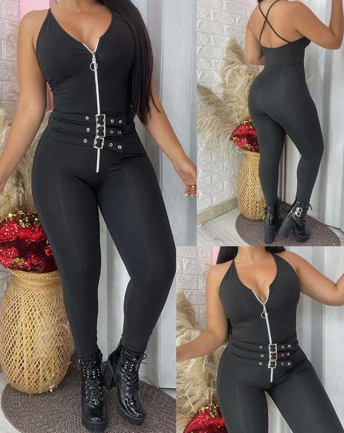 

New for Women's 2024 Spring Summer Skinny Jumpsuit Solid Color Eyelet Zipper Design Criss Cross Temperament Commuting Jumpsuit