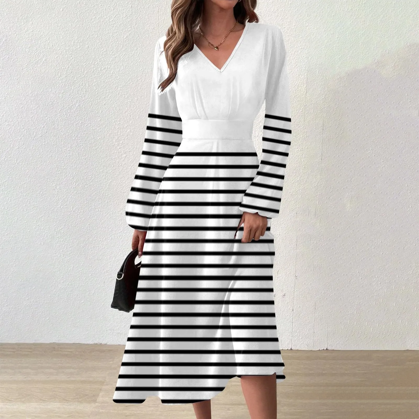 

Women Rib Knitted Stripped V-Neck Maxi Dress Long Trumpet Sleeve Slim Fit Midi Vestidos Female Autumn Fashion Office Streetwear