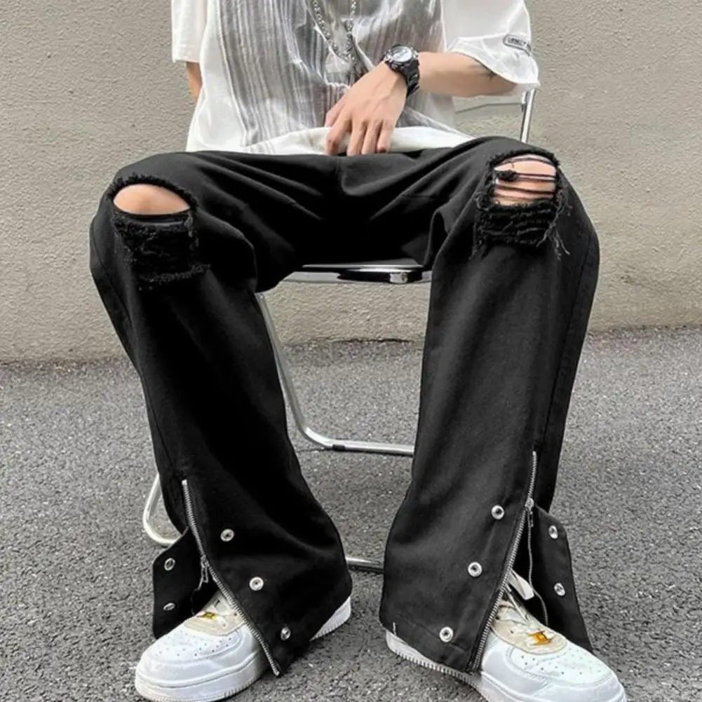 

Men Flared Jeans Stylish Men's Summer Denim Jeans with Ripped Holes Wide Leg Design Trendy High Street Fashion Pants for Men