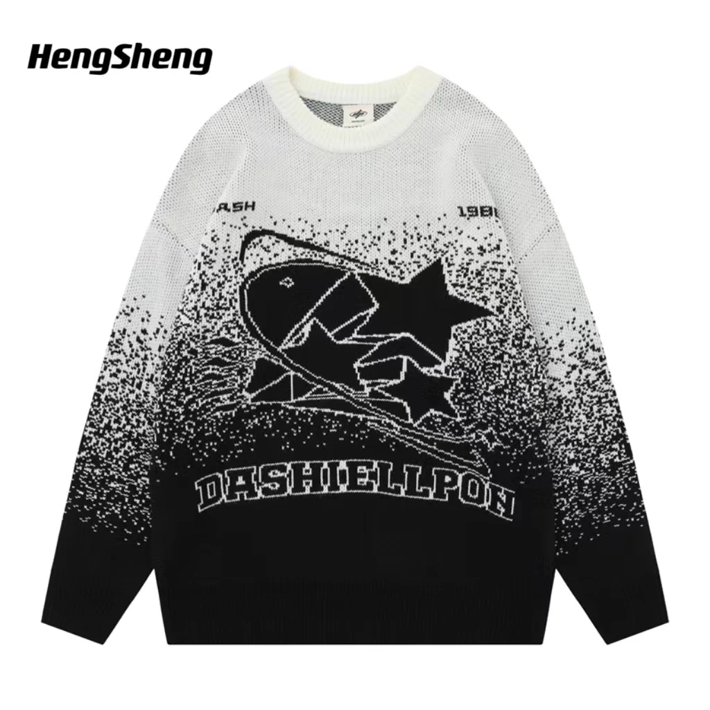 

Vintage Gothic Y2K Gradient Loose Long Design Knit Sweater American Retro Knitwear with Stars