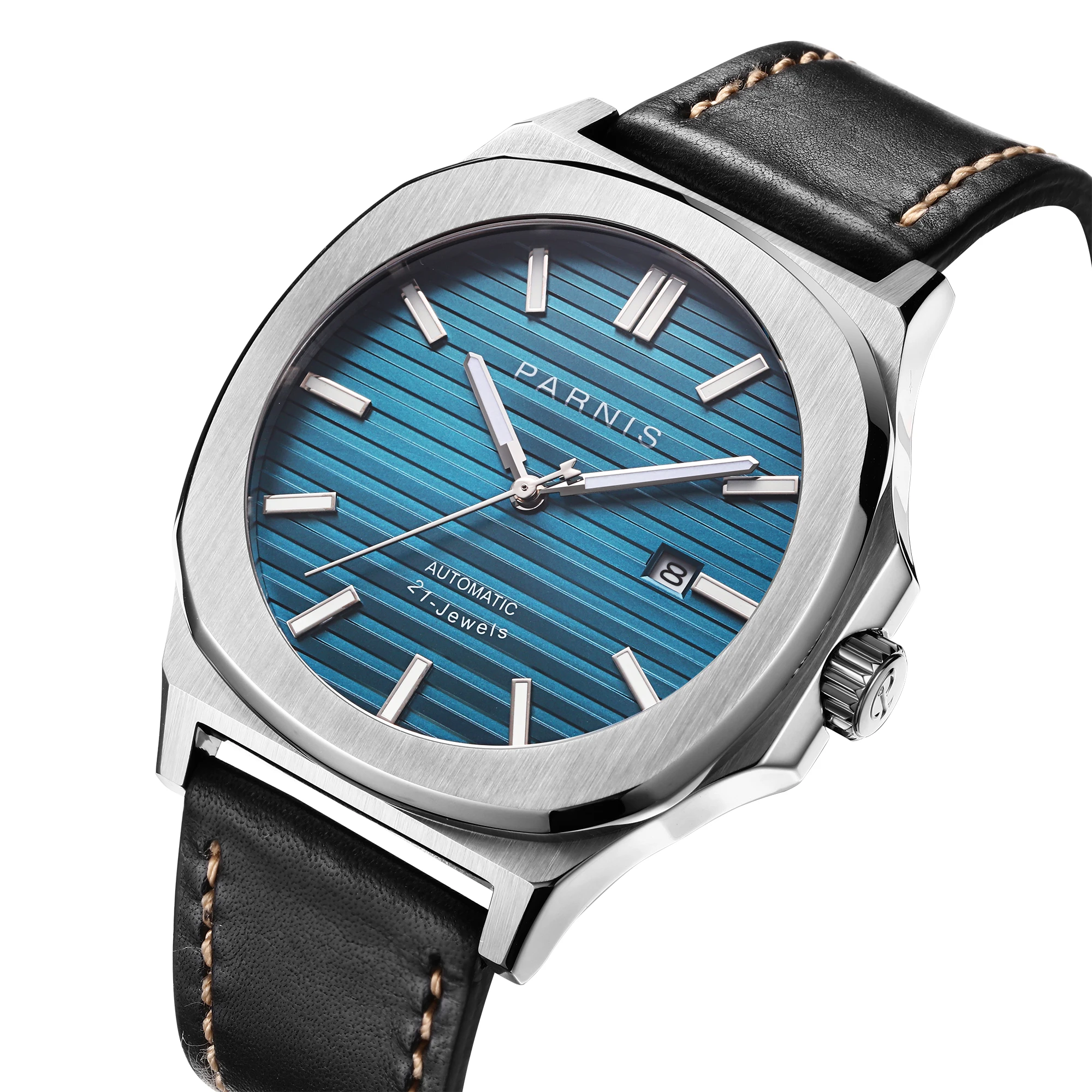 

Fashion Parnis 42MM Blue Dial Mechanical Automatic Men Watches Leather Strap Calendar Men's Waterproof Watch reloj hombre 2024