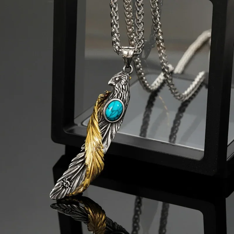 

New fashion exquisite turquoise gold color titanium steel feather pendant necklace for men and women versatile jewelry gift