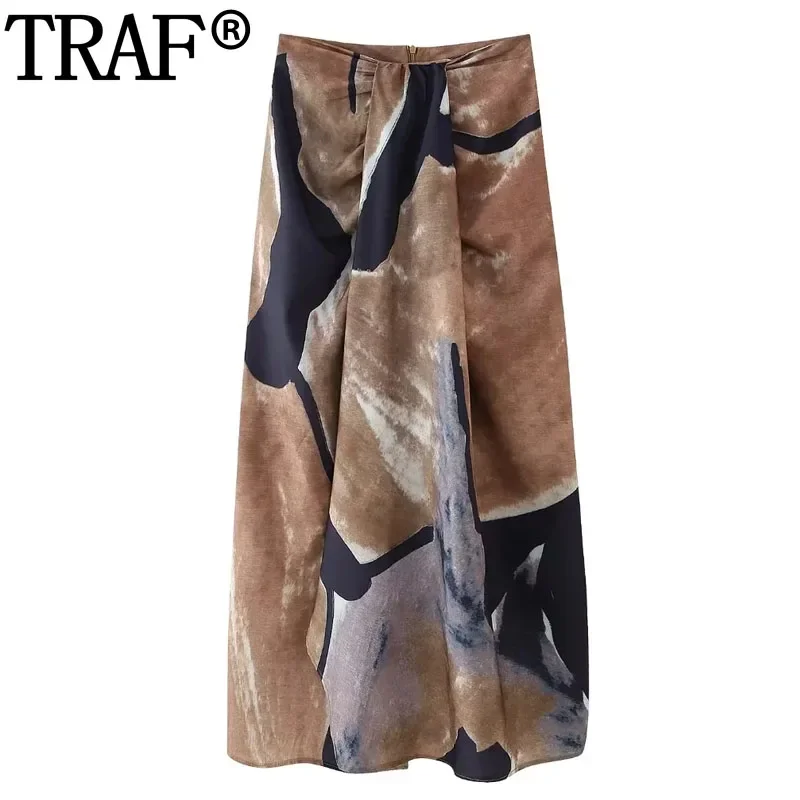 

TRAF 2024 Print Pareo Midi Skirt Woman Vintage Long Skirts For Women Mid Waist Knotted Beach Skirt Ruched Slit Summer Skirt