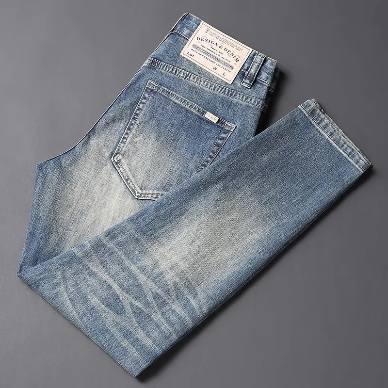 

Street Fashion Men's Jeans High Quality Retro Blue Elastic Slim Fit Retro Split Jeans Men's Designer Brand Pants