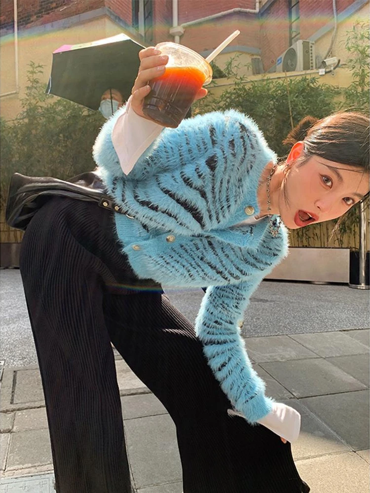 

Deeptown Y2K Harajuku Blue Cropped Cardigan Women Vintage Zebra Striped Knitted Sweater Korean Contrast Knitwear Tops 2000s Kpop