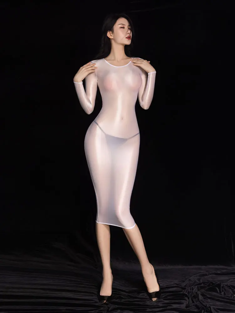

Sexy Women Bodycon Micro Mini Dress Sheer See Through Oil Glossy Shiny Tight Dress Female Hip Up Dress Elastic Pencil Dress Part