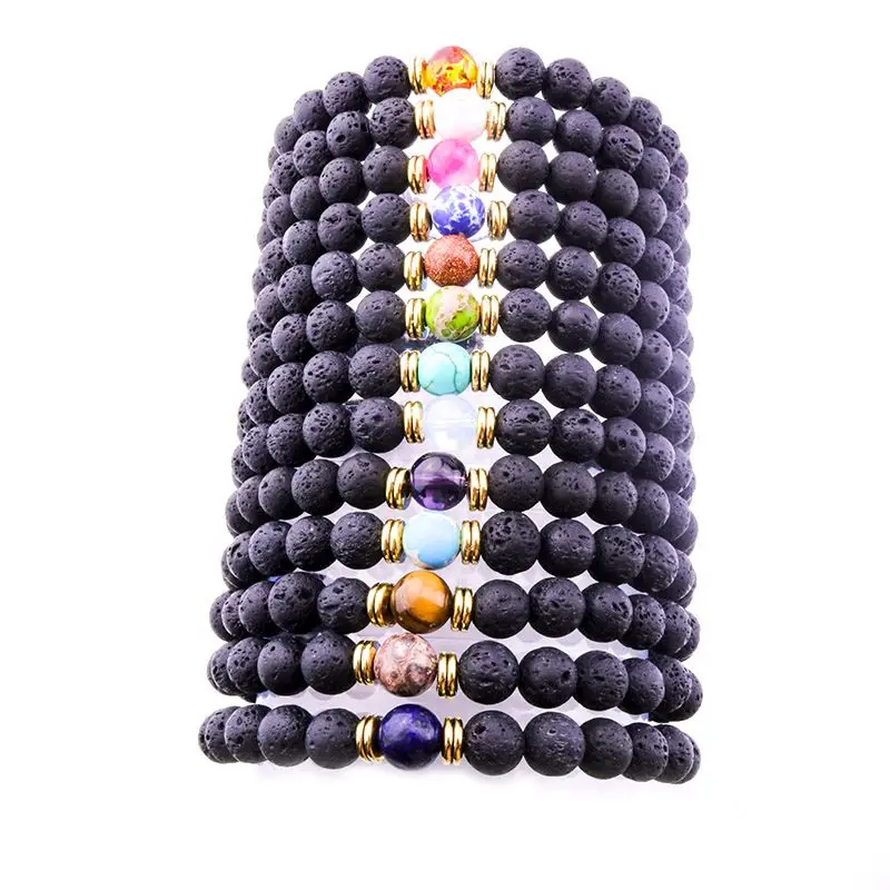 

15pcs Black Lava Stone Beads Bracelet Natural Stone Rose Quartz Tiger's Eye Kallaite Bracelet Stretch Jewelry For Women Men