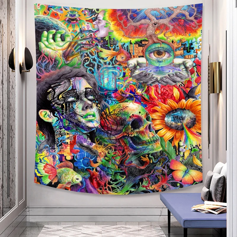 

Colorful Hippie Tapestry Bohemian Eye Skull Sunflower Psychedelic Witchcraft Home Bedroom Wall for Bedroom Dormitory Decoration