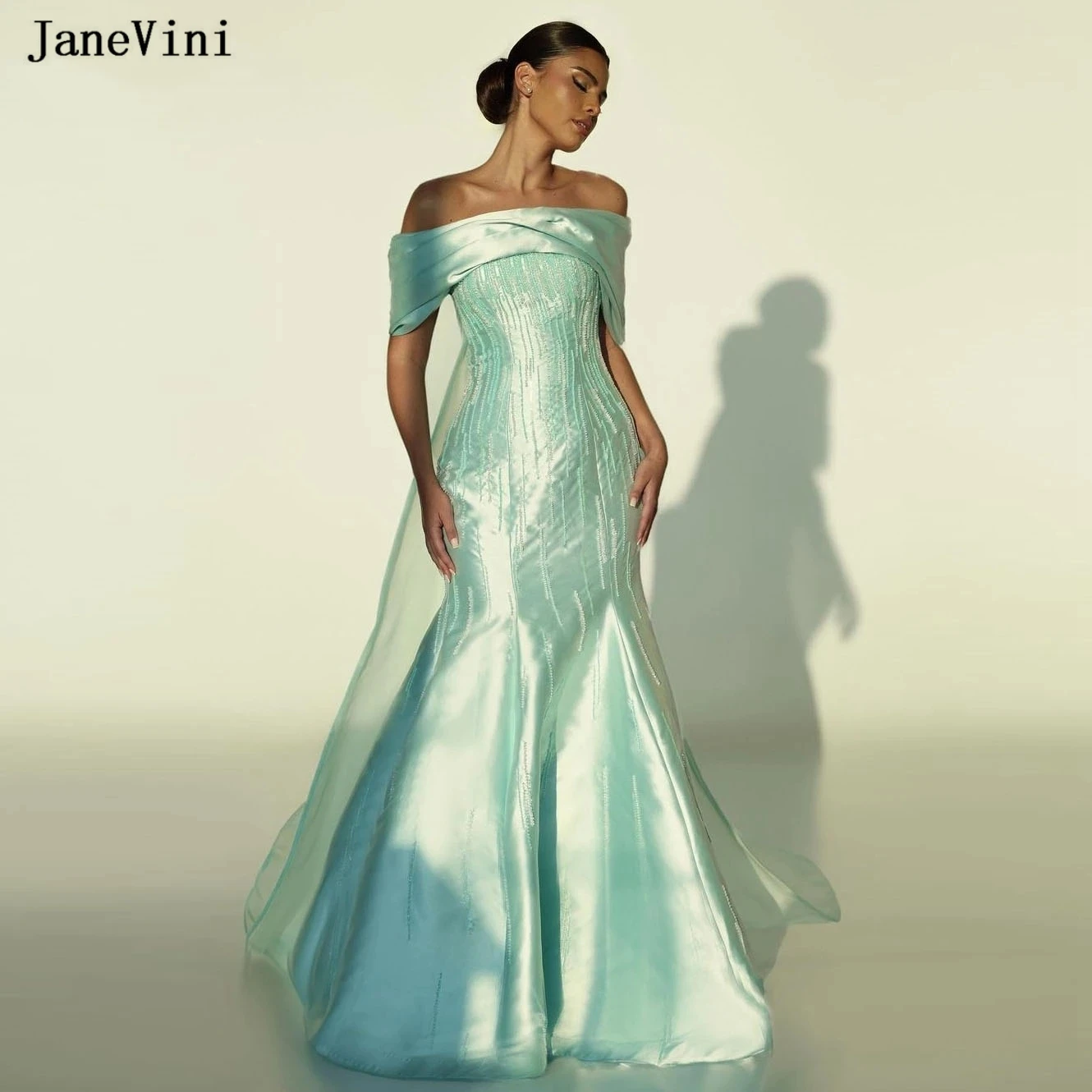 

JaneVini 2024 Mint Green Dubai Arabic Luxury Beaded Mermaid Evening Dresses with Cape Satin Formal Dinner Gown Dress for Women