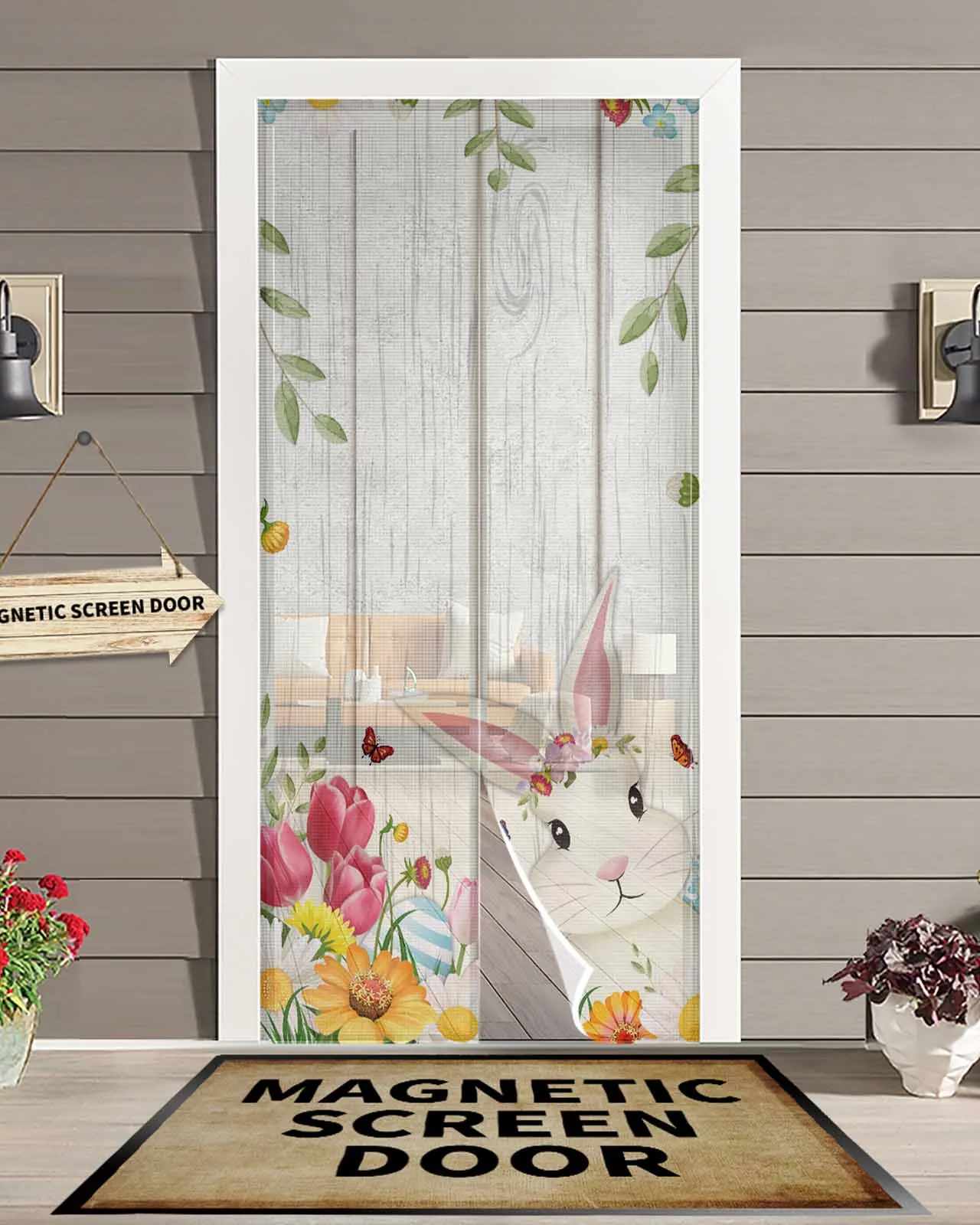 

Easter Eggs Bunny Flowers Wood Grain Summer Magnetic Door Curtain Living Room Bedroom Home Anti-mosquito Screen Door Curtain