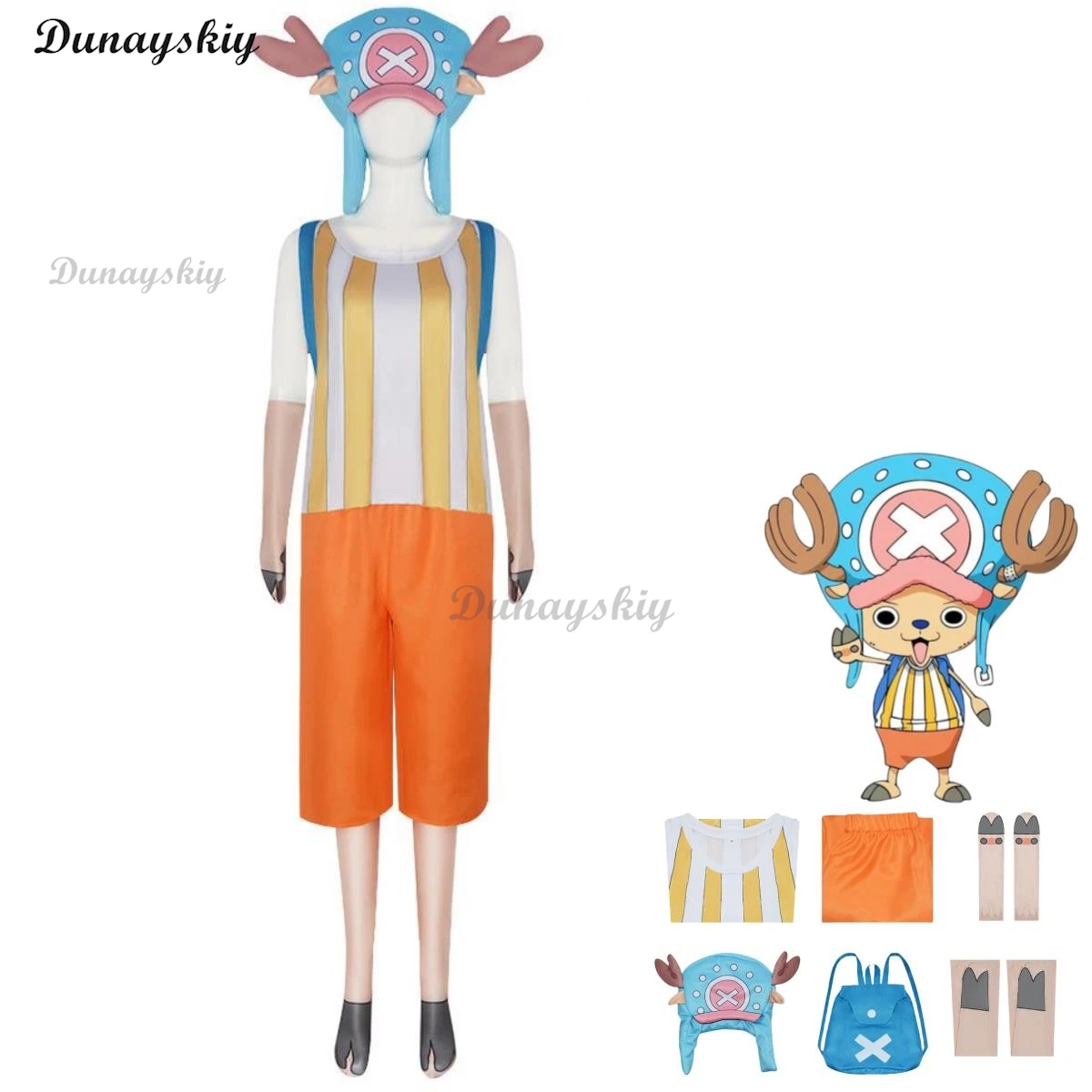 

Anime Tony Tony Chopper Cosplay Costume Thousand Sunny Plush Hat Stripe Uniform Knapsack Man Woman Kawaii Halloween Suit