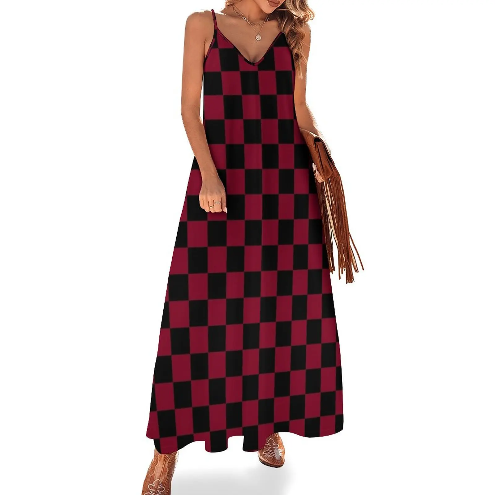 

Black and Burgundy Red Checkerboard Sleeveless Dress Dress vintage summer dress birthday dress