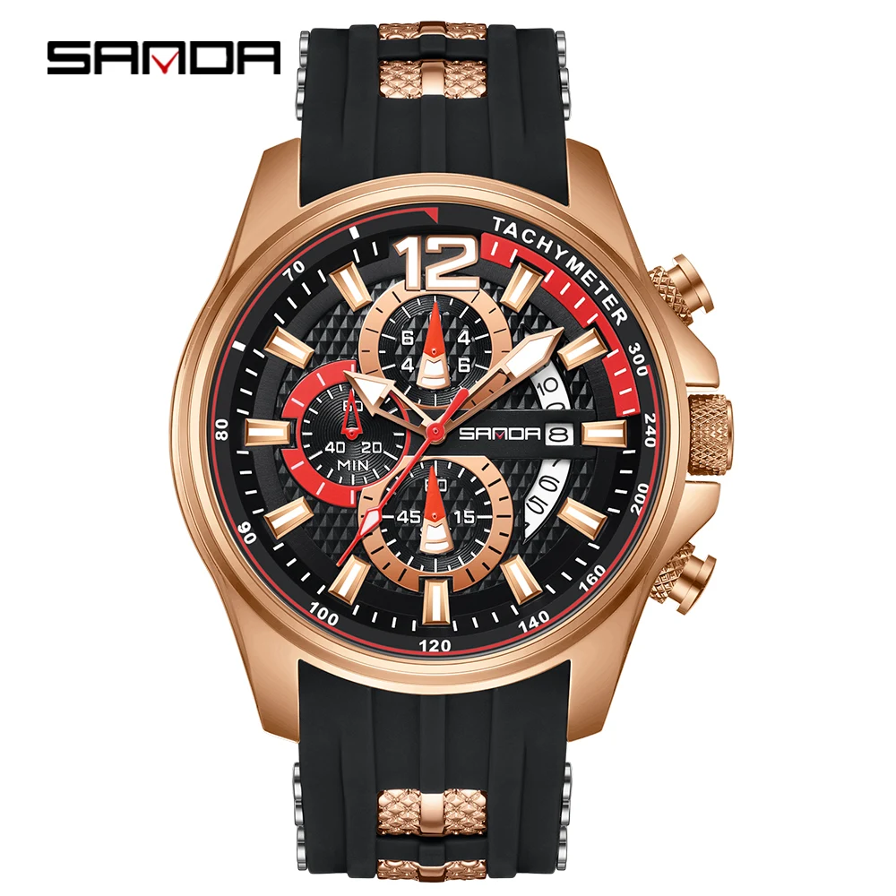 

SANDA 5502 Fashion Trend Quartz Wristwatch Waterproof Date Stopwatch Hollowing Round Dial Fluorescence Design Men Watch