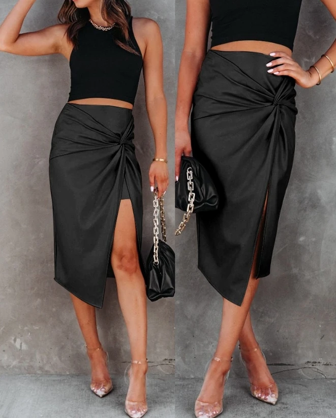 

Women's Skirt 2023 Sexy Twisted Slit Pu Leather Asymmetrical Skirt Stylish and Elegant High Street Party Date Leather Skirt