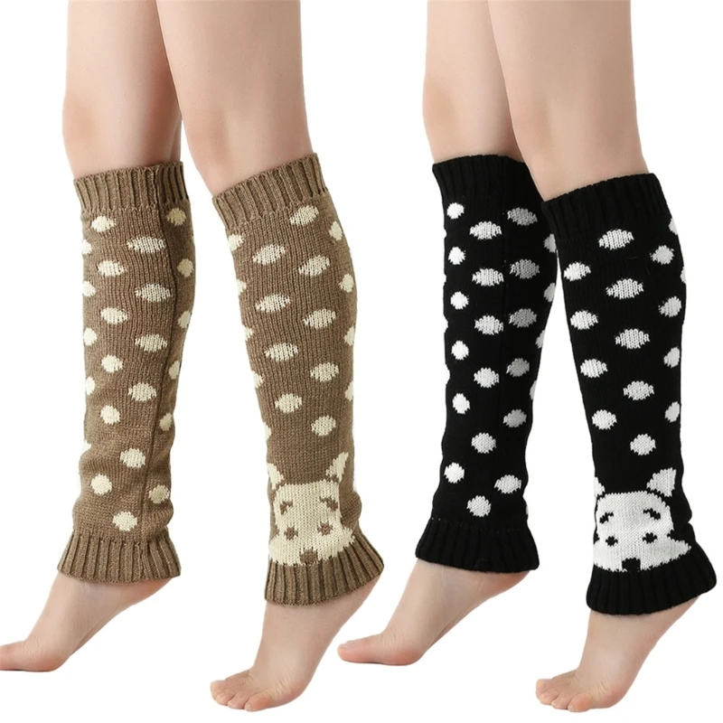 

Winter Autumn Knitted Leg Warmers Japanese Dots Puppy Dog Pattern Leg Covers Sleeve Over Calf Socks for Women
