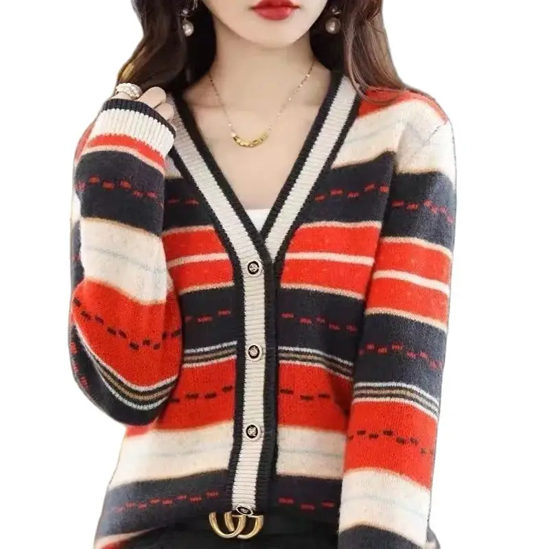 

Stylish V-Neck Button Spliced Stripe Knitted Korean Cardigan Sweater Women 2023 Autumn New Casual Tops Loose Female Sweater Coat