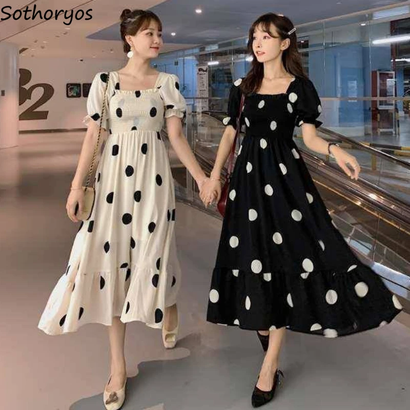 

Summer Dress Women Chic Polka Dot Square Collar Vintage French Cute Fashion Short Sleeve Female Clothes Leisure Korean Elegant