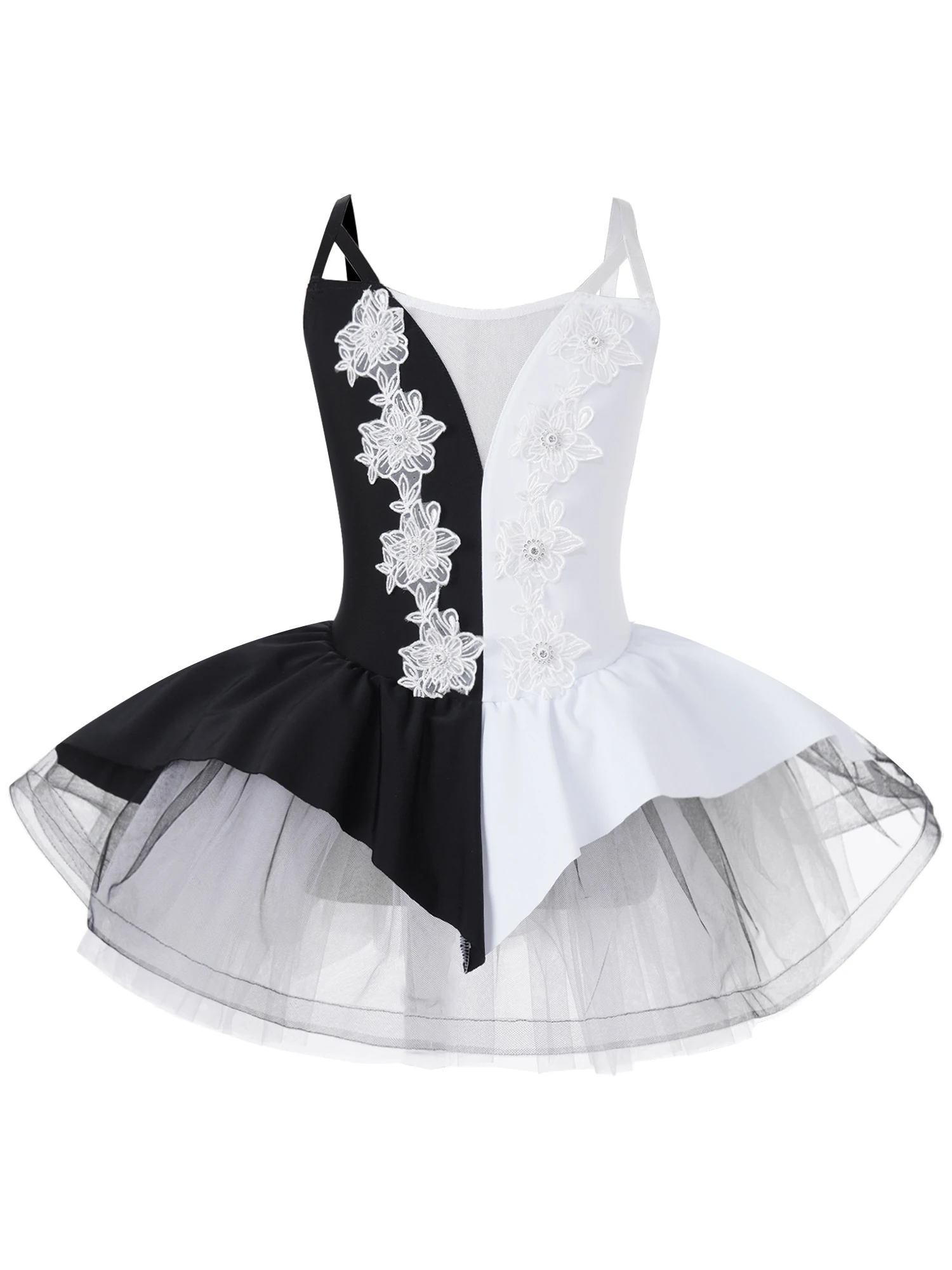 

Kid Girls Sleeveless Round Neckline Shiny Rhinestone Decorated Floral Contrast Color Tutu Mesh Ballet Dance Dress for Party Wear