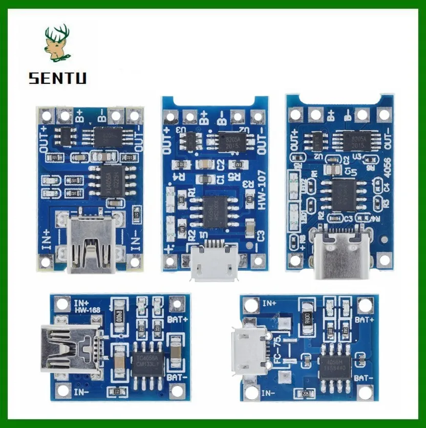 

TZT 5Pcs Micro USB 5V 1A 18650 TP4056 Lithium Battery Charger Module Charging Board With Protection Dual Functions 1A Li-ion
