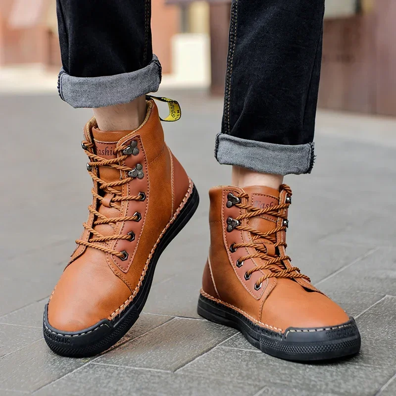 

Мужские ботинки-мартинсы на шнуровке, черные повседневные ботинки с высоким берцем для отдыха, Нескользящие трендовые резиновые ботинки на плоской подошве, зима 2023