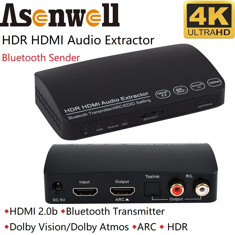 HDMI Audio Converter Extractor L/R SPDIF Toslink 5.1 ARC HDCP 2.2 4K60Hz HDR Video Audio Bluetooth Sender for Wireless Earphone
HDMI Audio Converter Extractor L/R SPDIF Toslink 5.1 ARC HDCP 2.2 4K60Hz HDR Video Audio Bluetooth Sender for Wireless Earphone