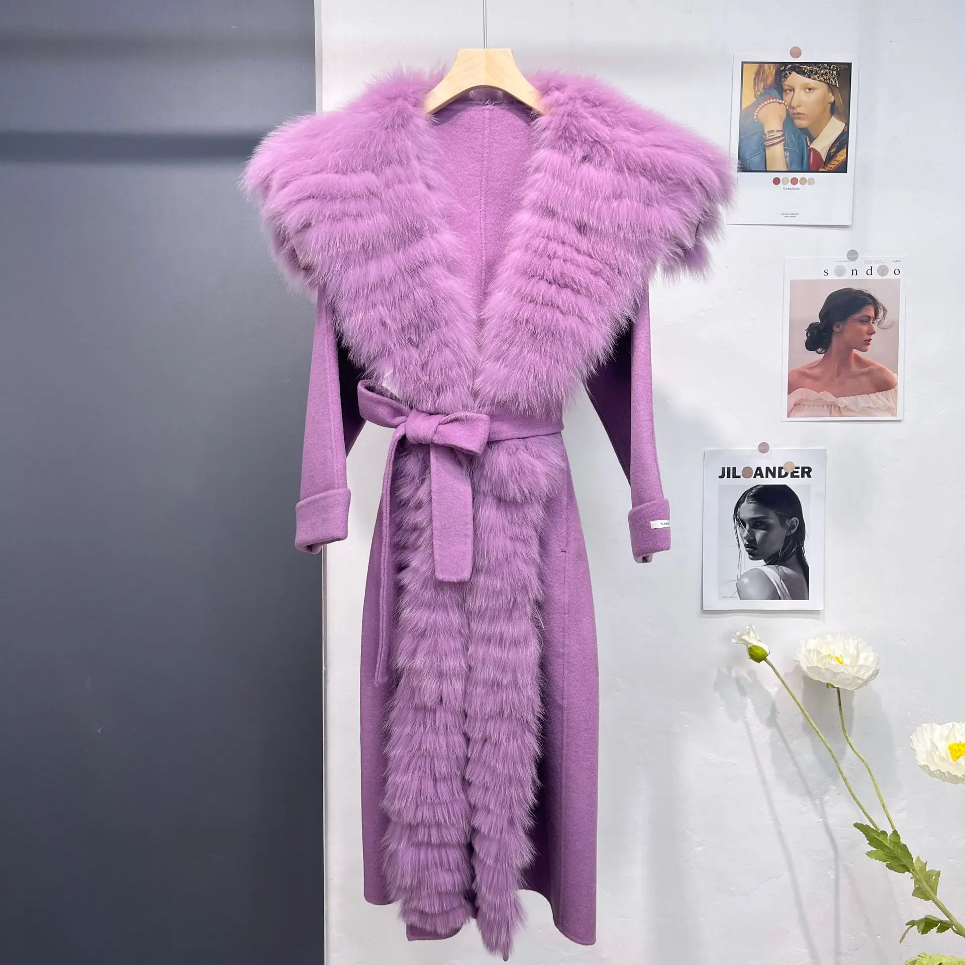 

2023 New Fashion Winter Women Jacket Real Fur Coat Long Natural Fox Fur Collar Hooded Loose Cashmere Wool Blends Streetwear