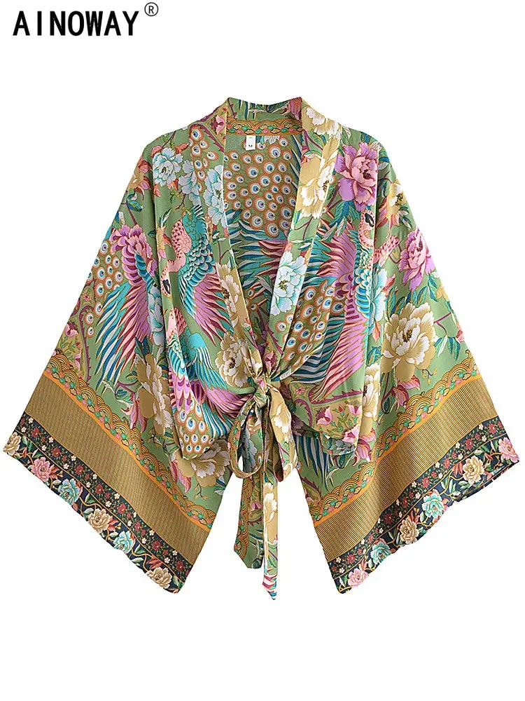 

Vintage Boho Kimono Peacock Short Robe Swimsuits Women Fashion Floral Batwing Sleeves Rayon Bohemian Bikini Cover Ups Beachwear