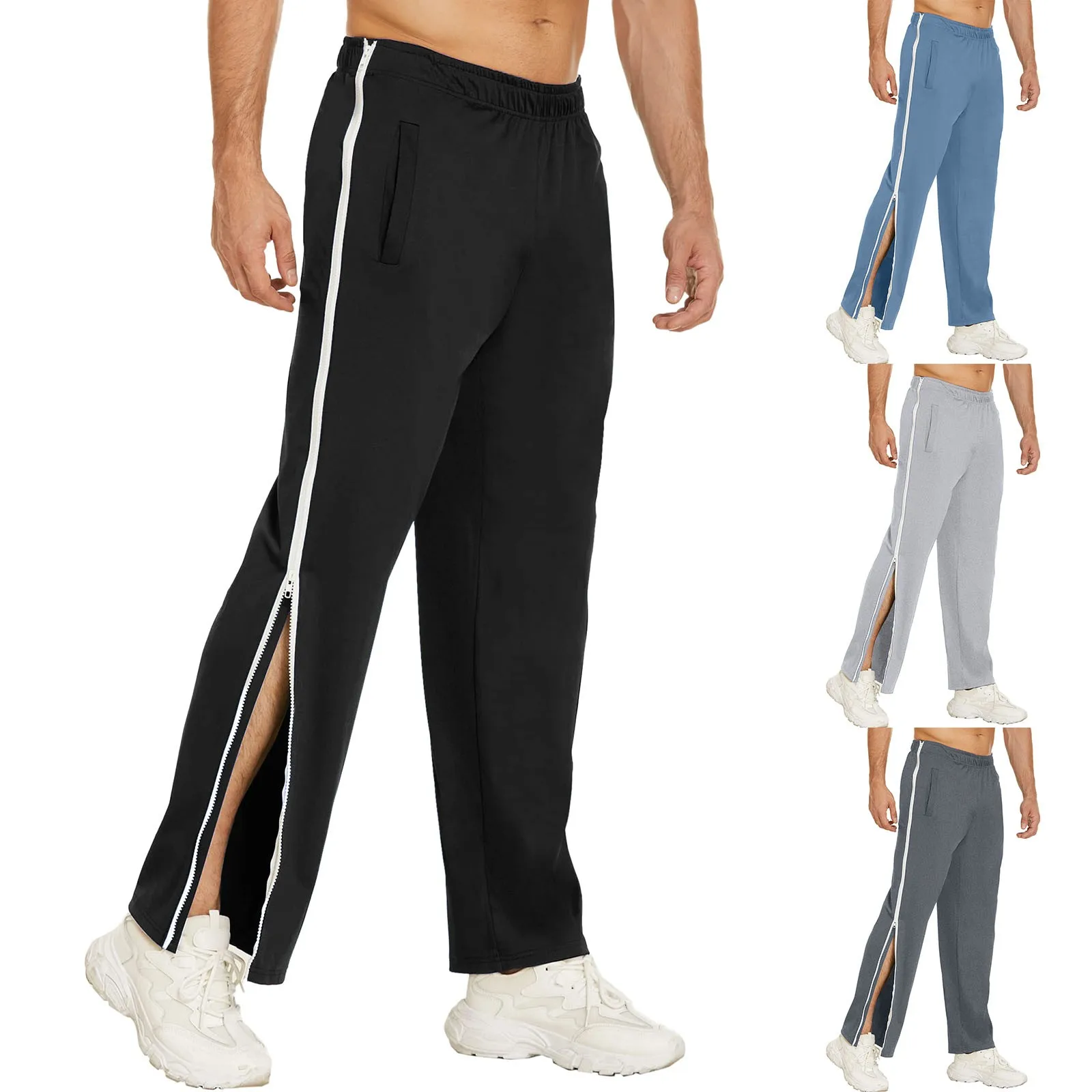 

Mid-Rise Men Sweatpants Elastic Waistband Pockets Sports Trousers Splicing Color Wide Leg Side Zipper Tear Away Basketball Pants