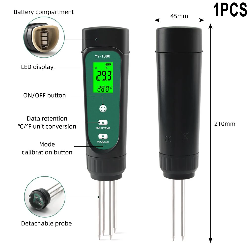 Digital Soil Tester YY-1000 1.5V 0.01~20.00mS/cm Soil EC/Humidity/Thermometer Plant Moisture Meter Moist Soil Measuring Tools
Digital Soil Tester YY-1000 1.5V 0.01~20.00mS/cm Soil EC/Humidity/Thermometer Plant Moisture Meter Moist Soil Measuring Tools